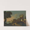 Italian Landscape With Figures Entering A Fortified Waterside Town by Giovanni Migliara