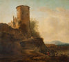 Italian mountain landscape with castle ruins, animals and figures