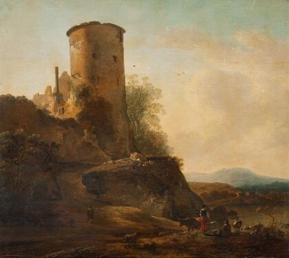 Italian mountain landscape with castle ruins, animals and figures