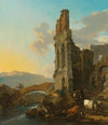 Italianate River Landscape With Herdsmen By The Ruins Of An Amphitheatre, And Peasants Crossing A Bridge