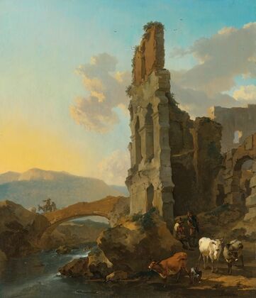 Italianate River Landscape With Herdsmen By The Ruins Of An Amphitheatre, And Peasants Crossing A Bridge