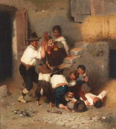 Italienische Bauernfamilie beim Einlagern des Heus