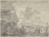Italienische Landschaft, bewaldete Ebene, vorne zwei Wanderer, der linke beritten
