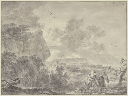 Italienische Landschaft, bewaldete Ebene, vorne zwei Wanderer, der linke beritten