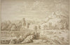 Italienische Landschaft mit Gebäude, auf dem Weg ein Hirte mit Schafen, links drei Figuren