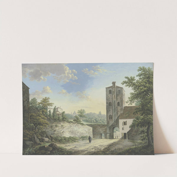 Italienische Phantasielandschaft mit einem Turm und Torausgang, links auf der Höhe ein Tempel, vorne ein Pilger by Karl Franz Kraul