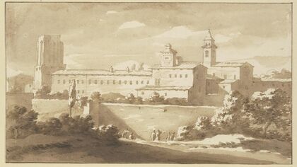 Italienisches Kloster hinter hohen Mauern, die Turmruine der Torre delle Millizie in Rom nachempfunden