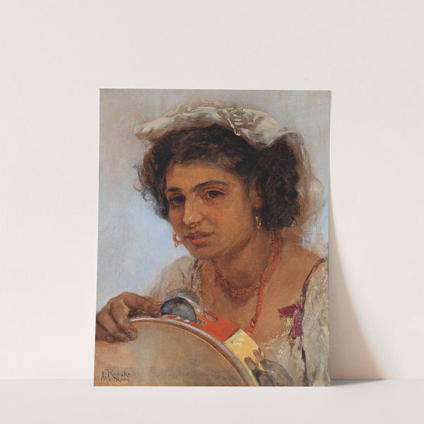 Italienisches Mädchen mit Kopftuch und Tamburin by Anton Romako