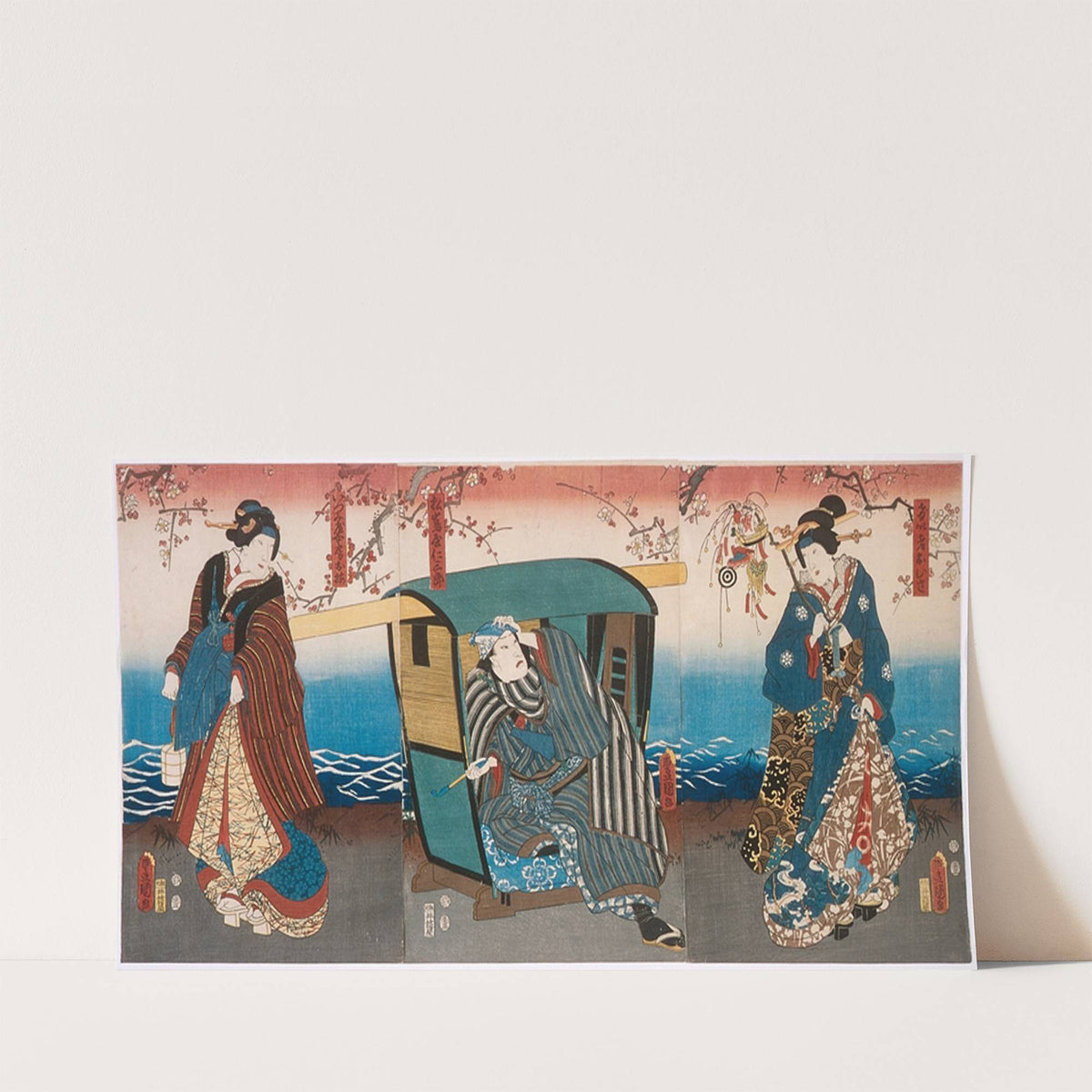 Iwai Hanshirō VIII as Geisha Ohisa, Kataoka Gadō II as Matsushiyama Jinzaburō, and Onoe Kikujirō II as Izumiya’s wife Oume in the Play Matsuichō tsurukame Soga (1854) by Utagawa Kunisada (Toyokuni III)