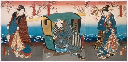 Iwai Hanshirō VIII as Geisha Ohisa, Kataoka Gadō II as Matsushiyama Jinzaburō, and Onoe Kikujirō II as Izumiya’s wife Oume in the Play Matsuichō tsurukame Soga