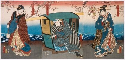 Iwai Hanshirō VIII as Geisha Ohisa, Kataoka Gadō II as Matsushiyama Jinzaburō, and Onoe Kikujirō II as Izumiya’s wife Oume in the Play Matsuichō tsurukame Soga