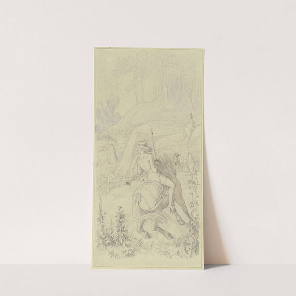 Jagender Jüngling zu Pferd, eine Blumen gießende junge Frau erblickend by Jakob Jung