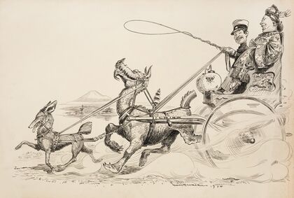 Japan, depicted as a soldier, rides in a wagon with and courts a woman representing China (1904) — size preview