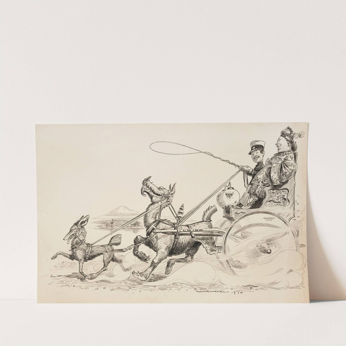 Japan, depicted as a soldier, rides in a wagon with and courts a woman representing China (1904) by William Henry Walker