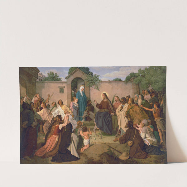 Jesus Christ riding into village on donkey to both fear and adoration by Anonymous