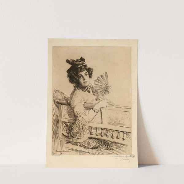 Jeune femme assise sur un banc, tenant un éventail de la main gauche (1906) by François Courboin