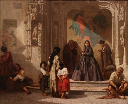 Jeune femme faisant la charitÃ© Ã  l’entrÃ©e de la chapelle de l’hÃ´pital San Sebastian Ã  Cordoue