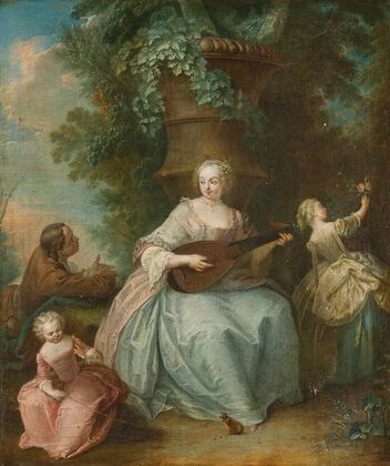 Jeune femme jouant d’un instrument et enfant tenant un rat