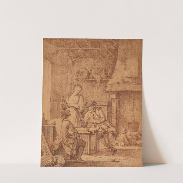 Jeune femme offrant du vin à deux soldats dans une auberge et Quatre soldats jouant aux cartes sur un tambour by Louis Joseph Watteau