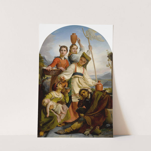 Jeunes filles à la fontaine donnant à boire à des voyageurs, costumes des environs de fundi (1848) by François-Joseph Navez