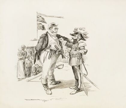John Bull (England) talks with a soldier carrying a sword reading ‘Butcher Weyler Used in Cuba’ (1901)