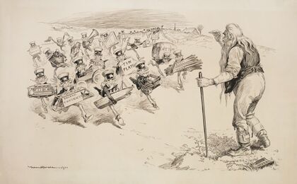 John Bull (Great Britain) stands in a field as many small versions of Uncle Sam run towards him to offer various goods and raw materials. (1901)