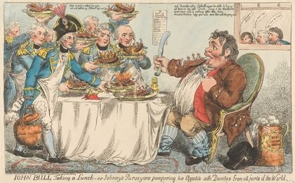 John Bull Taking a Lunch – or Johnny’s Purveyors Pampering His Appetite with Dainties From All Parts of the World — size preview