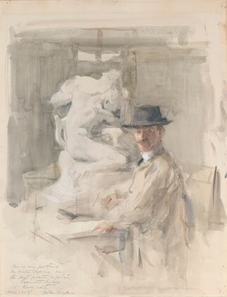 John Hughes (1865-1941), Sculptor, against his Sculpture of Orpheus and Euridice — size preview
