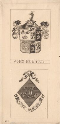 John Hunter’s Book Plate with Armorial Bearings and Mrs. Hunter’s Book Plate with her Monogram — size preview