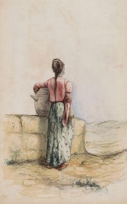 Jonge vrouw met een kruik bij een muur