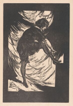 Jonge vrouw strikt de veters van haar laars (1891 - 1931)