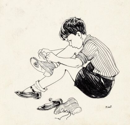 Jongen die een voetbalschoen aantrekt (1928)