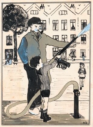 Jongen met brandslang op straat (1925)