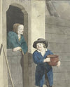 Jongen met een pot bij een vrouw leunend op een onderdeur