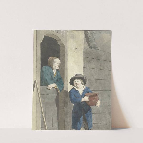 Jongen met een pot bij een vrouw leunend op een onderdeur by W. Barthautz
