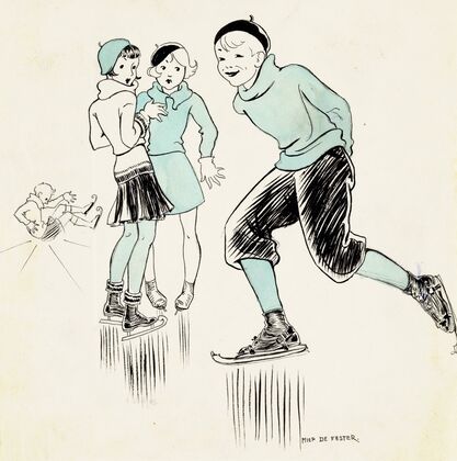 Jongen schaatsend langs twee meisjes (1928)