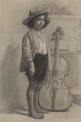 Jongen staande bij een cello