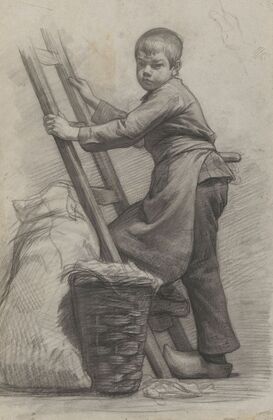 Jongen staande bij een ladder en een mand