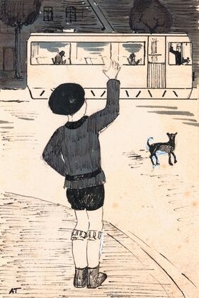 Jongen zwaait naar een bestuurder (1925)