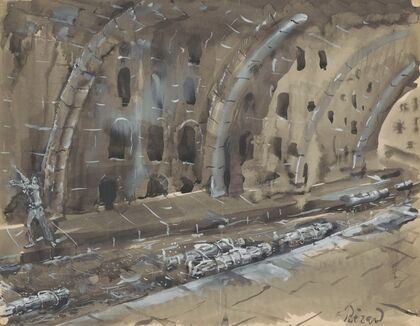 Juliette ou la Clef des songes – maquette de décor – tunnel, corps allongés et liés (1930)