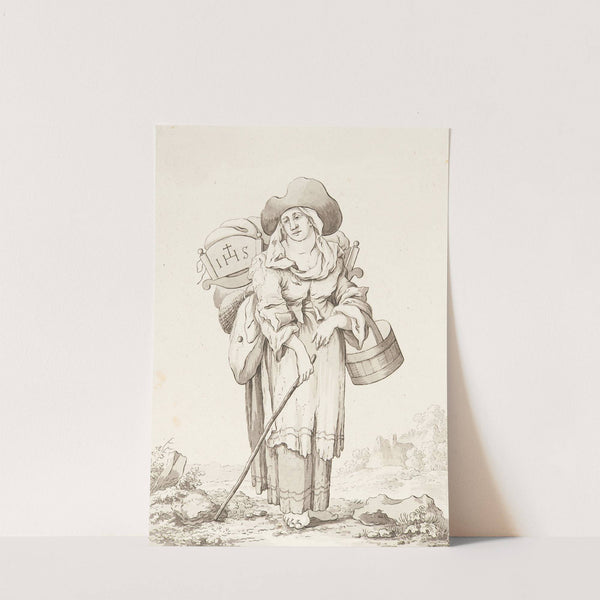 Junge Bettlerin, mit Kinderbett auf dem Rücken, am Arm einen Holzkorb, Stecken in der Hand (1778) by Marquard Wocher