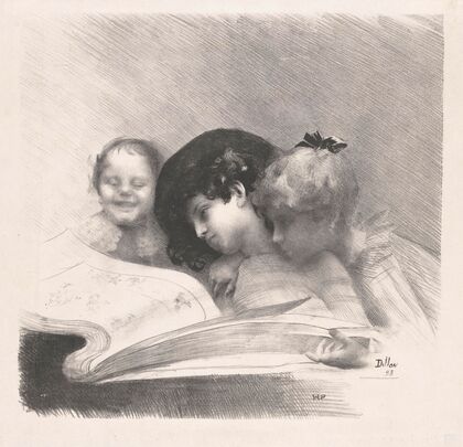 Three girls looking at a picture album (1893)