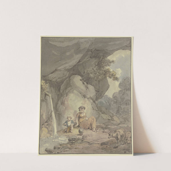 Junge Frau mit ihrem Kind an einer Felsenquelle rastend, rechts zwei Schafe by Franz Joseph Manskirsch