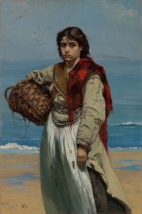 Junges Mädchen mit Korb am Meeresstrand (Die Trauer Irlands) (circa 1876)