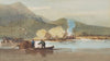 Junks and Tanka boats in a bay, with a beached junk and cooking fire beyond