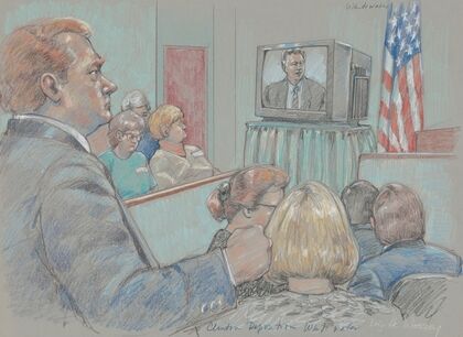Jury and others watching videotaped deposition of Bill Clinton during fraud and conspiracy trial of James McDougal, which was part of the Whitewater Inquiry