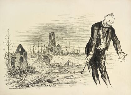 Kaiser Wilhelm II bows, smiling, before the ruins of a city. (1915)