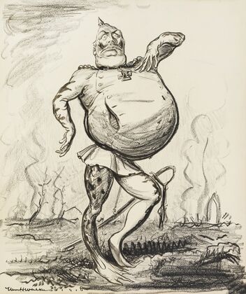 Kaiser Wilhelm II, depicted as a frog with an inflated belly, standing over a ruined, smoky field. (1916)