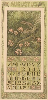Kalenderblad augustus met hagedis en dopheide
