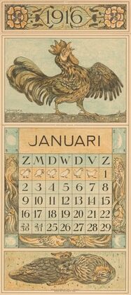 Kalenderblad januari met kraaiende haan